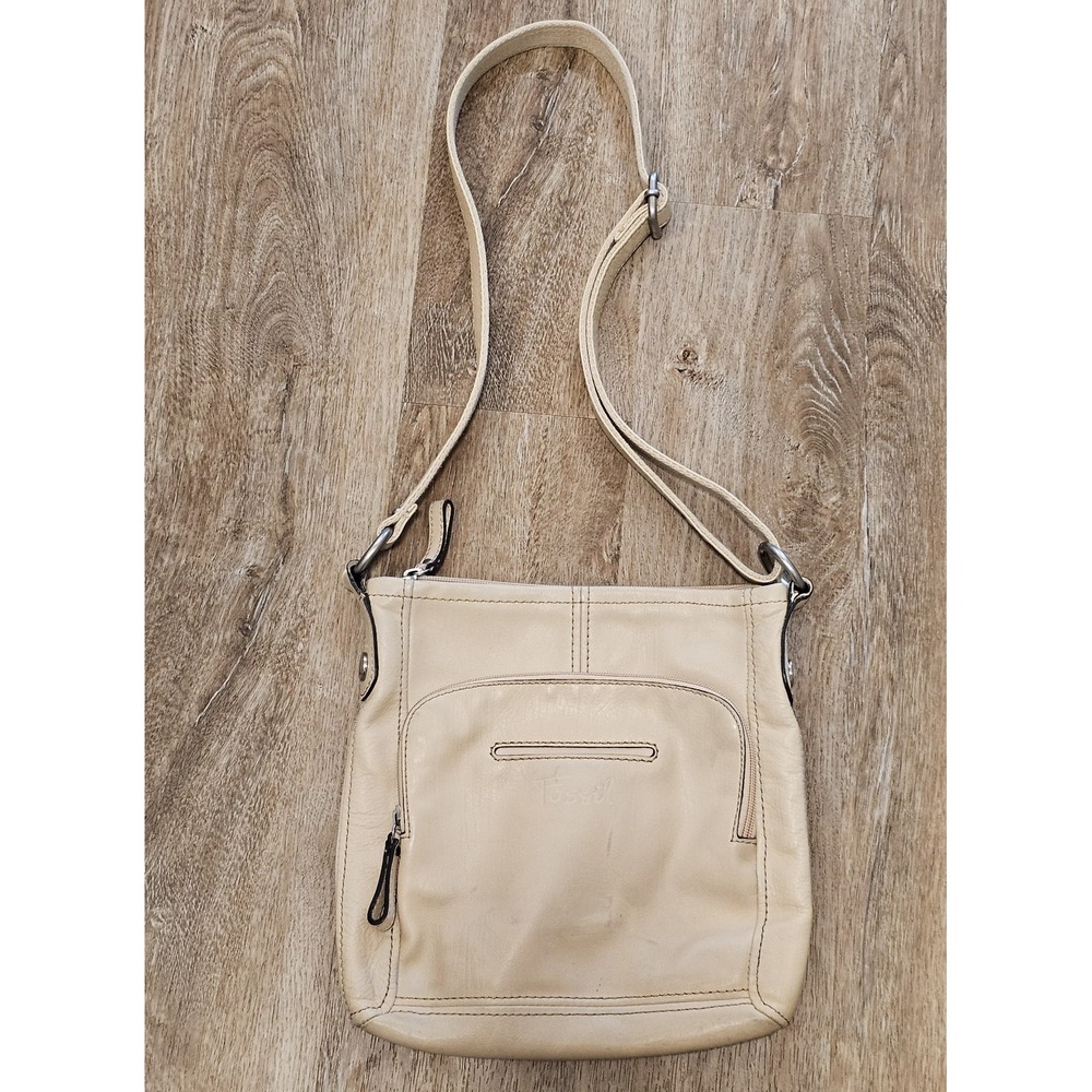 Fossil Tan Blonde Leather Crossbody Messenger Bag Purse w/Adjustable Strap